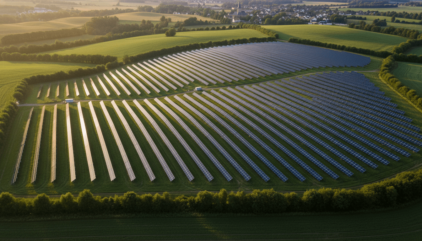 Aerial-Aufnahme eines Solarparks in grüner Landschaft bei Abendlicht — Photovoltaik-Direktinvestment über FlächenMakler