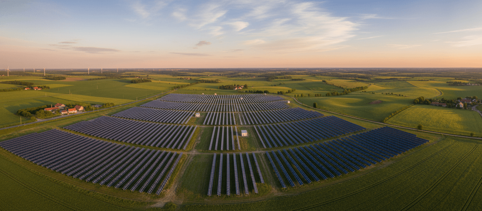 Aerial-Aufnahme: Solarpark bei Sonnenuntergang mit Windrädern und landwirtschaftlichen Flächen — FlächenMakler-Marktplatz für erneuerbare Energien