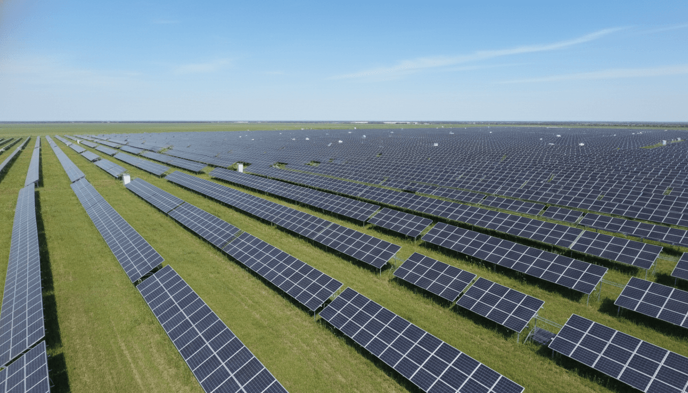 Weiter Photovoltaik-Solarpark unter blauem Himmel — transparente Preise auf dem FlächenMakler-Marktplatz