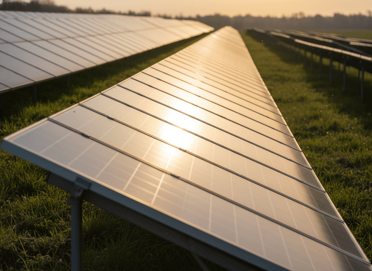Photovoltaik-Module im Gegenlicht bei Sonnenuntergang, PV-Anlage über FlächenMakler verkaufen