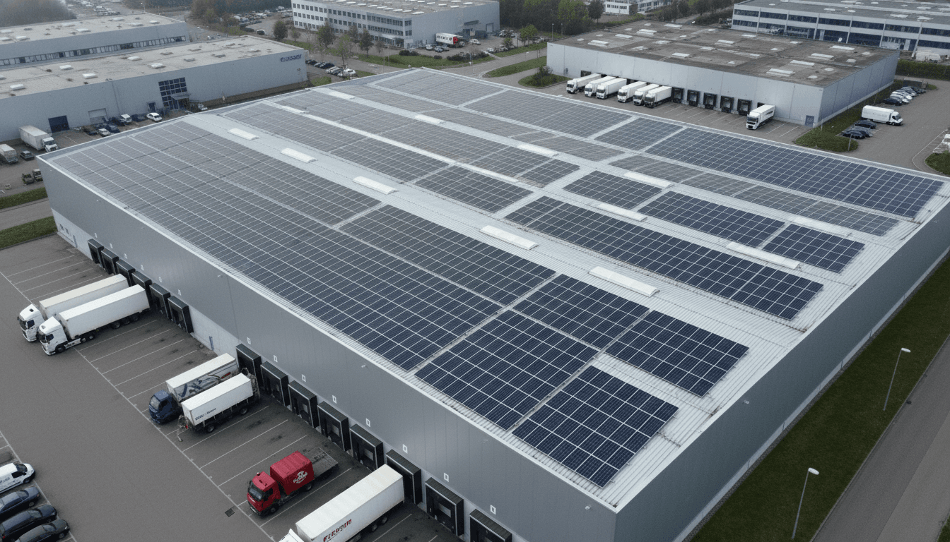 Drohnenaufnahme: 750-kWp-Industriedach-Anlage, Mönchengladbach